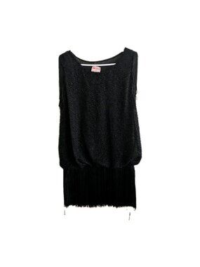 Vtg Diamond's Run Flapper Shift Dress Sz Med Black Knit Fringe 20s Scoop Neck M